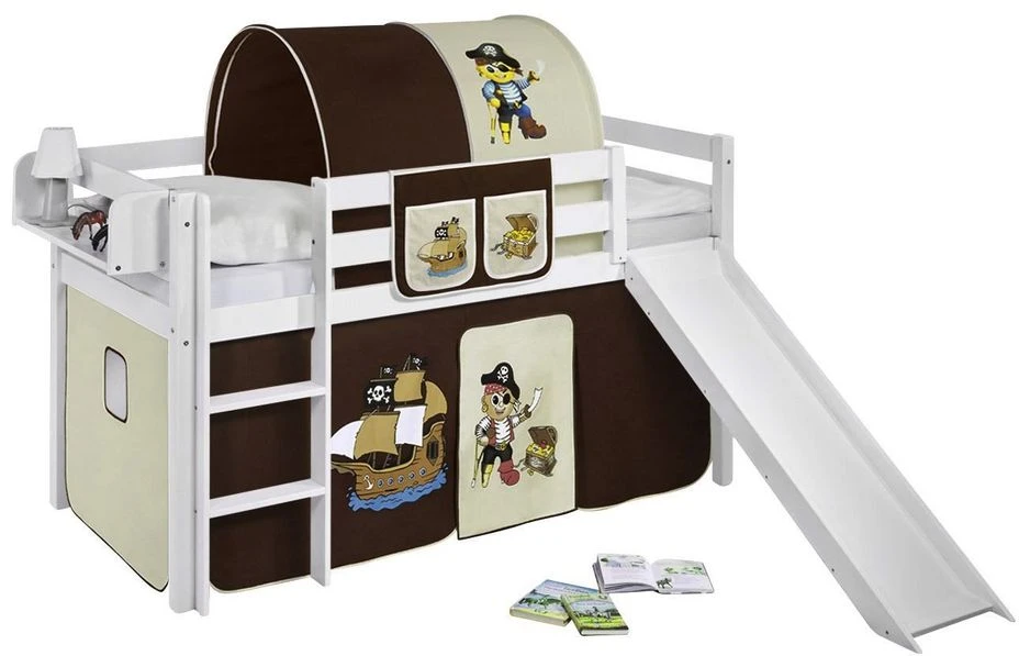 Lit Surélevé Blanc Laqué - Rideau Pirate Marron Et Toboggan