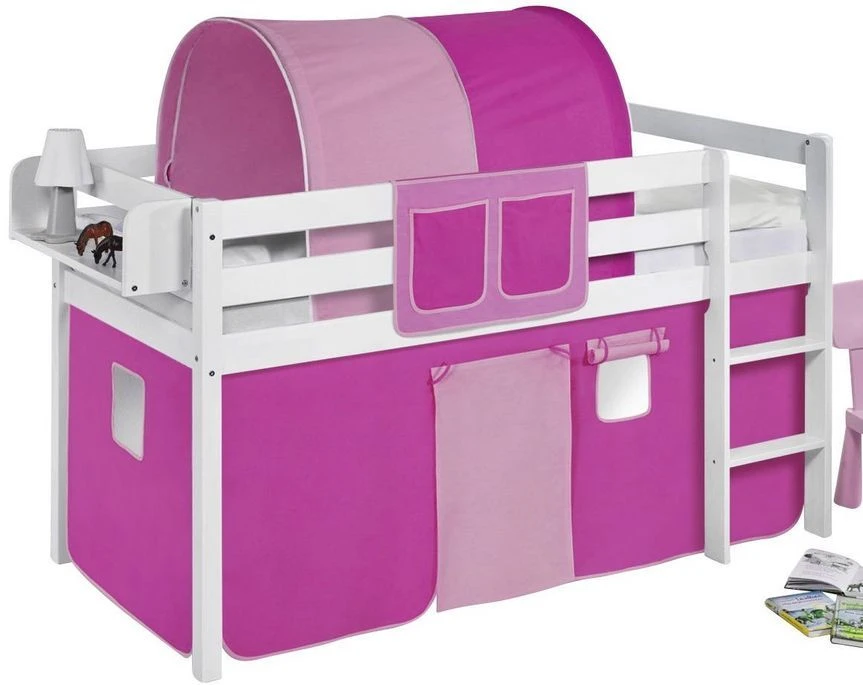 Lit Surélevé Blanc Laqué Rideau Rose 90x190cm