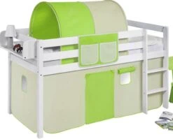 Lit Surélevé Blanc Laqué Rideau Vert Et Beige 90x190cm