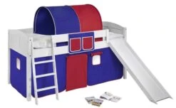 Lit Surélevé Blanc Laqué Toboggan IDA - Rideau Bleu Et Rouge