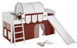 Lit Surélevé Blanc Laqué Toboggan IDA - Rideau Marron