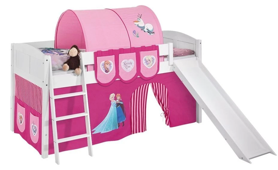 Lit Surélevé Blanc Laqué Toboggan IDA - Rideau Princesses