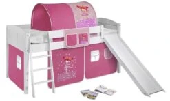 Lit Surélevé Blanc Laqué Toboggan IDA - Rideau Rose Fée