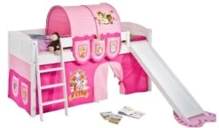 Lit Surélevé Blanc Laqué Toboggan IDA - Rideau Rose Filly