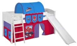 Lit Surélevé Blanc Laqué Toboggan IDA - Rideau Spiderman