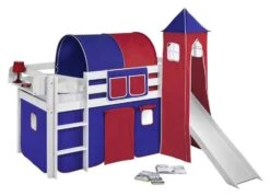 Lit Surélevé Blanc Laqué Toboggan Rideau Et Tour Bleu Rouge 90x190cm