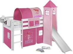 Lit Surélevé Blanc Laqué Toboggan - Rideau Et Tour Fée Rose