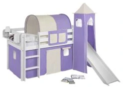 Lit Surélevé Blanc Laqué Toboggan Rideau Et Tour Parme Beige 90x190cm