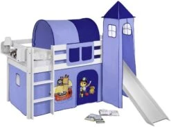 Lit Surélevé Blanc Laqué Toboggan - Rideau Et Tour Pirate Bleu