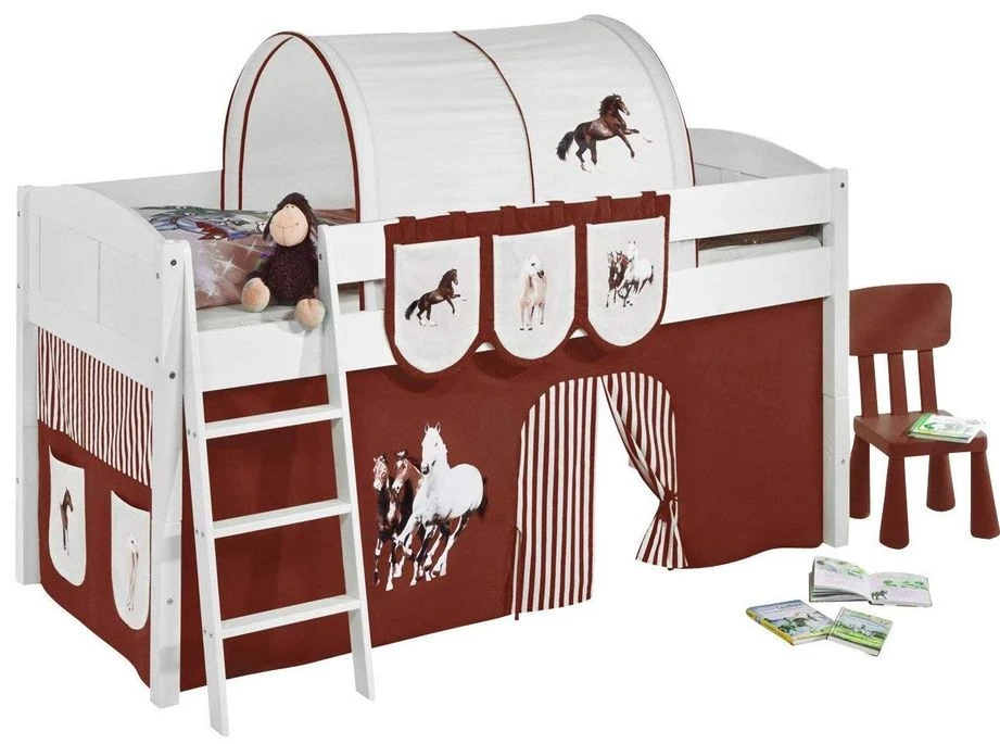 Lit Surélevé Blanc Rideau Beige Et Marron Chevaux Milo 90x200cm