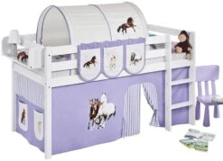 Lit Surélevé Blanc Rideau Beige Et Parme Chevaux 90x200cm