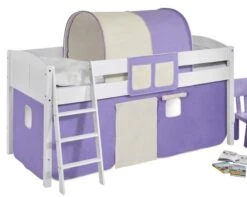 Lit Surélevé Blanc Rideau Beige Et Parme Dorie 90x200cm 2