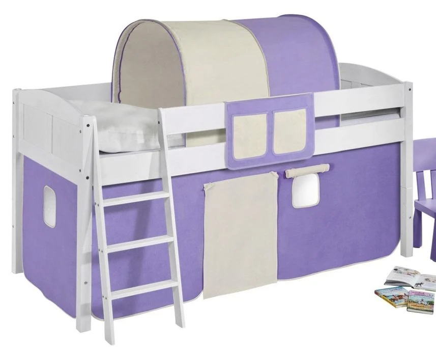 Lit Surélevé Blanc Rideau Beige Et Parme Dorie 90x200cm 2