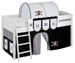 Lit Surélevé Blanc Rideau Blanc Et Noir Pirate 90x200cm