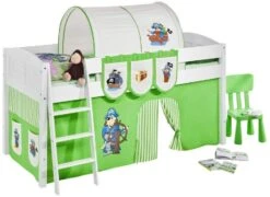 Lit Surélevé Blanc Rideau Blanc Et Vert Pirate 90x200cm