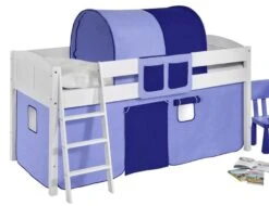 Lit Surélevé Blanc Rideau Bleu Clair Et Bleu Foncé Peter 90x200cm