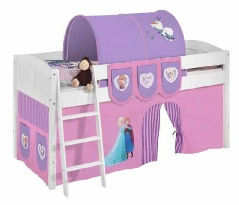 Lit Surélevé Blanc Rideau Rose Clair Reine Des Neiges 90x200 Cm