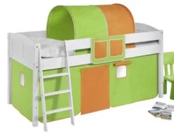 Lit Surélevé Blanc Rideau Vert Et Orange Milo 90x200cm