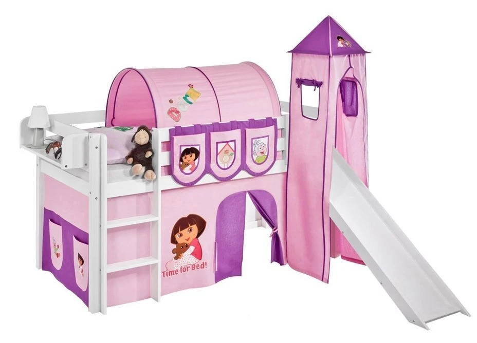 Lit Surélevé Blanc Toboggan Rideau Et Tour Dora 90x190 Cm