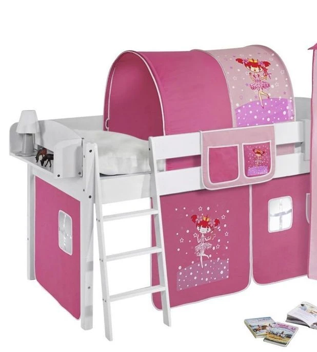 Lit Surélevé Blanc Toboggan Rideau Et Tour Dora 90x190 Cm – Image 4