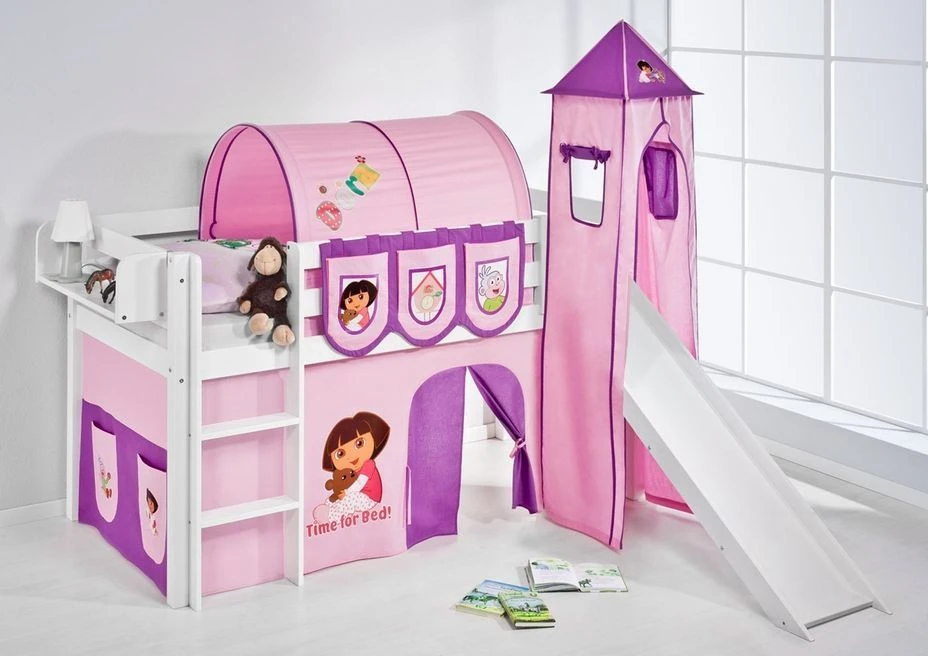 Lit Surélevé Blanc Toboggan Rideau Et Tour Dora 90x190 Cm – Image 2