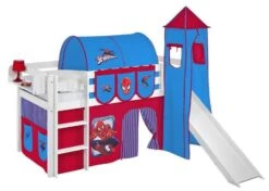 Lit Surélevé Blanc Toboggan Rideau Et Tour Spiderman 90x190 Cm