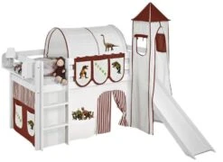 Lit Surélevé Toboggan Blanc Laqué Avec Tour Et Rideau Beige Et Marron Dinosaures 90x190 Cm