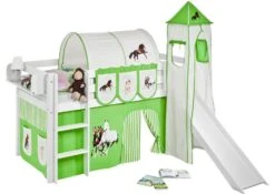 Lit Surélevé Toboggan Blanc Laqué Avec Tour Et Rideau Beige Et Vert Chevaux 90x190 Cm