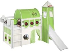 Lit Surélevé Toboggan Blanc Laqué Avec Tour Et Rideau Beige Et Vert Dragon 90x190 Cm