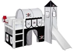 Lit Surélevé Toboggan Blanc Laqué Avec Tour Et Rideau Blanc Et Noir Pirate 90x190 Cm