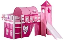 Lit Surélevé Toboggan Blanc Laqué Avec Tour Et Rideau Rose Angel Cat Sugar 90x190 Cm