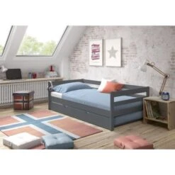 SIMBA Lit Gigogne Enfant Classique En Bois Pin Massif Verni Et Gris Anthracite - L 90 X L 190 Cm