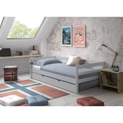 SIMBA Lit Gigogne Enfant Classique En Bois Pin Massif Verni Et Gris Clair - L 90 X L 190 Cm